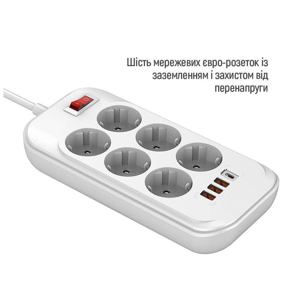 Мережевий фільтр живлення ColorWay CW-CHE64PDW, 6 розеток/4USB 2M (CW-CHE64PDW) - изображение 4