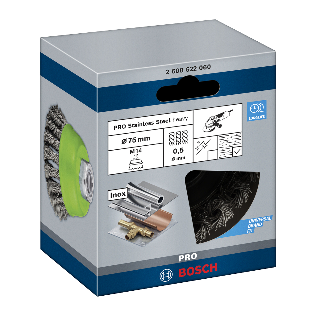 Щітка для електроінструменту Bosch Professional чашкова, нержавіюча 75мм, 0.5мм, M14 (2.608.622.060) - зображення 2