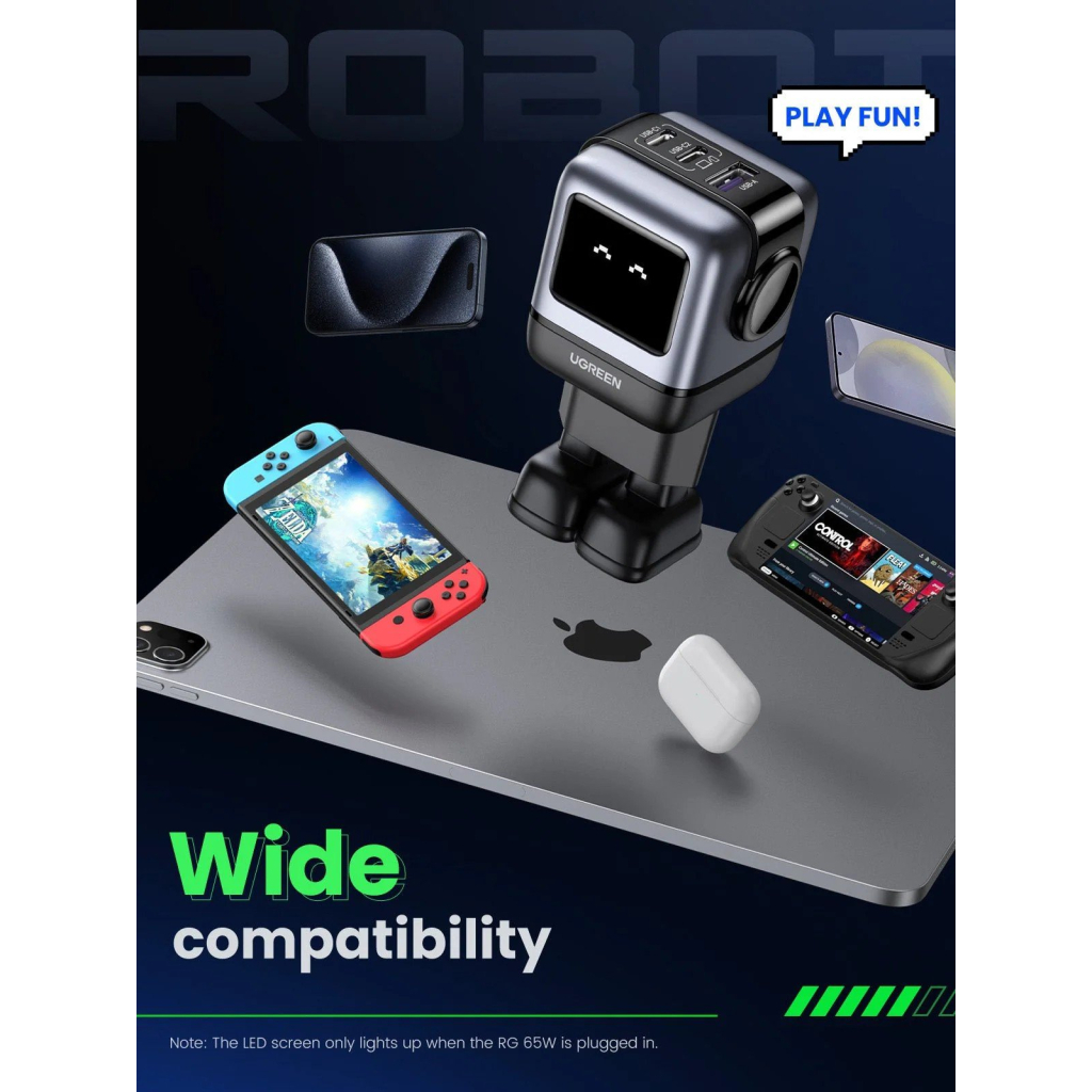 Зарядний пристрій Ugreen 1xUSB + 2xUSB-C 65W GaN CD361 gray (25685B) - изображение 4