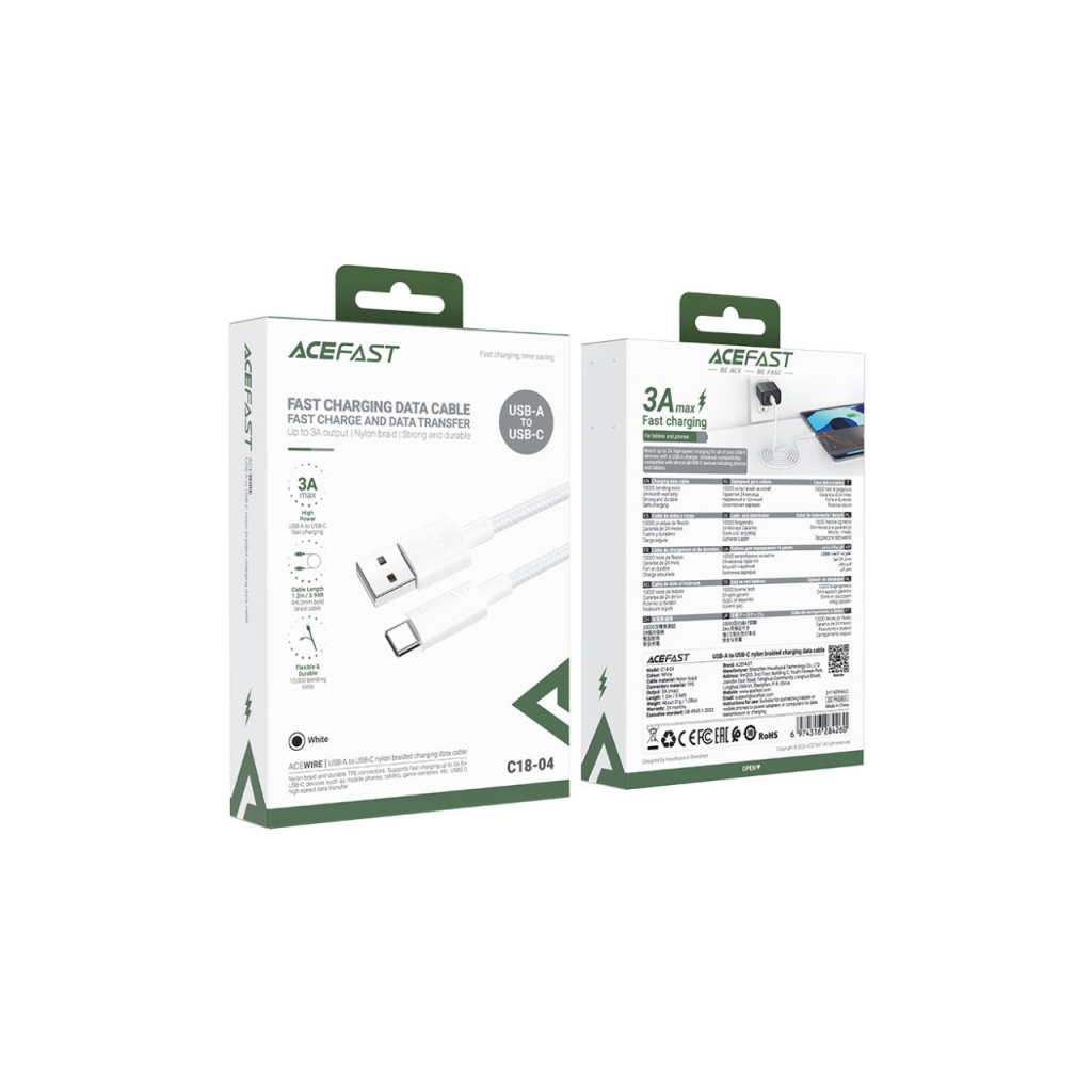 Дата кабель USB 2.0 AM to USB-C 1.2m 3A white Acefast (6974316284260) - зображення 4