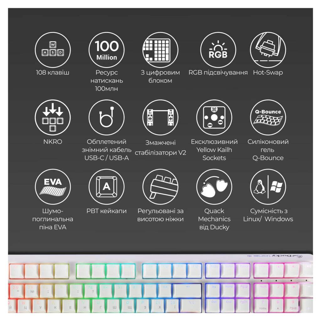 Клавіатура Ducky One 3 Cherry MX Speed Silver RGB UA USB White (DKON2108ST-PUAPXPWWWSC1) - зображення 4