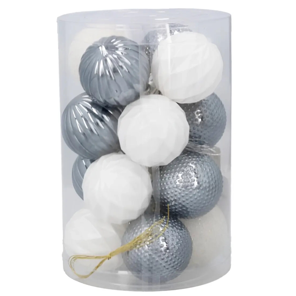 Ялинкова іграшка Chomik пластикові кульки 16 шт, 4 см, сріблясті і біли (5900779877351_3) - зображення 1