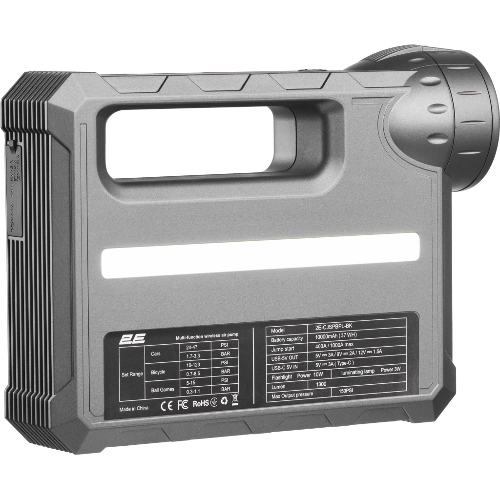 Пуско зарядний пристрій 2E Pitman з автомобільним компресором та ліхтарем, 10000 mAh/37Wh, 400 А, 1xUSB/2.4 A (2E-CJSPBPL-BK) - зображення 2
