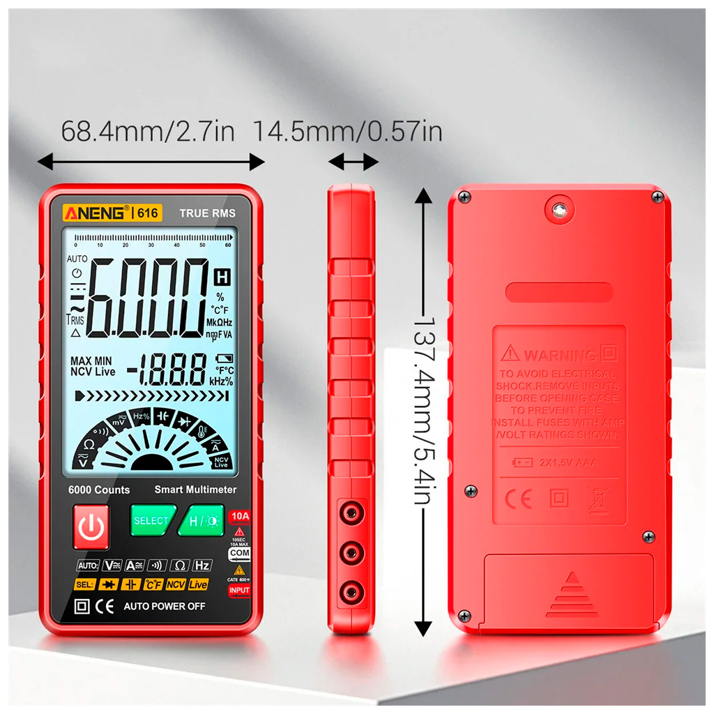 Цифровий мультиметр ANENG AN-616, V, A, R, C, T, F, функция hFE (AN-616) - зображення 3