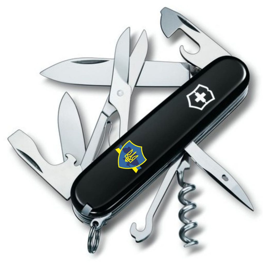Ніж Victorinox Climber Ukraine Тризуб на щиті зі стрічкою (1.3703.3_T1070u) - зображення 1