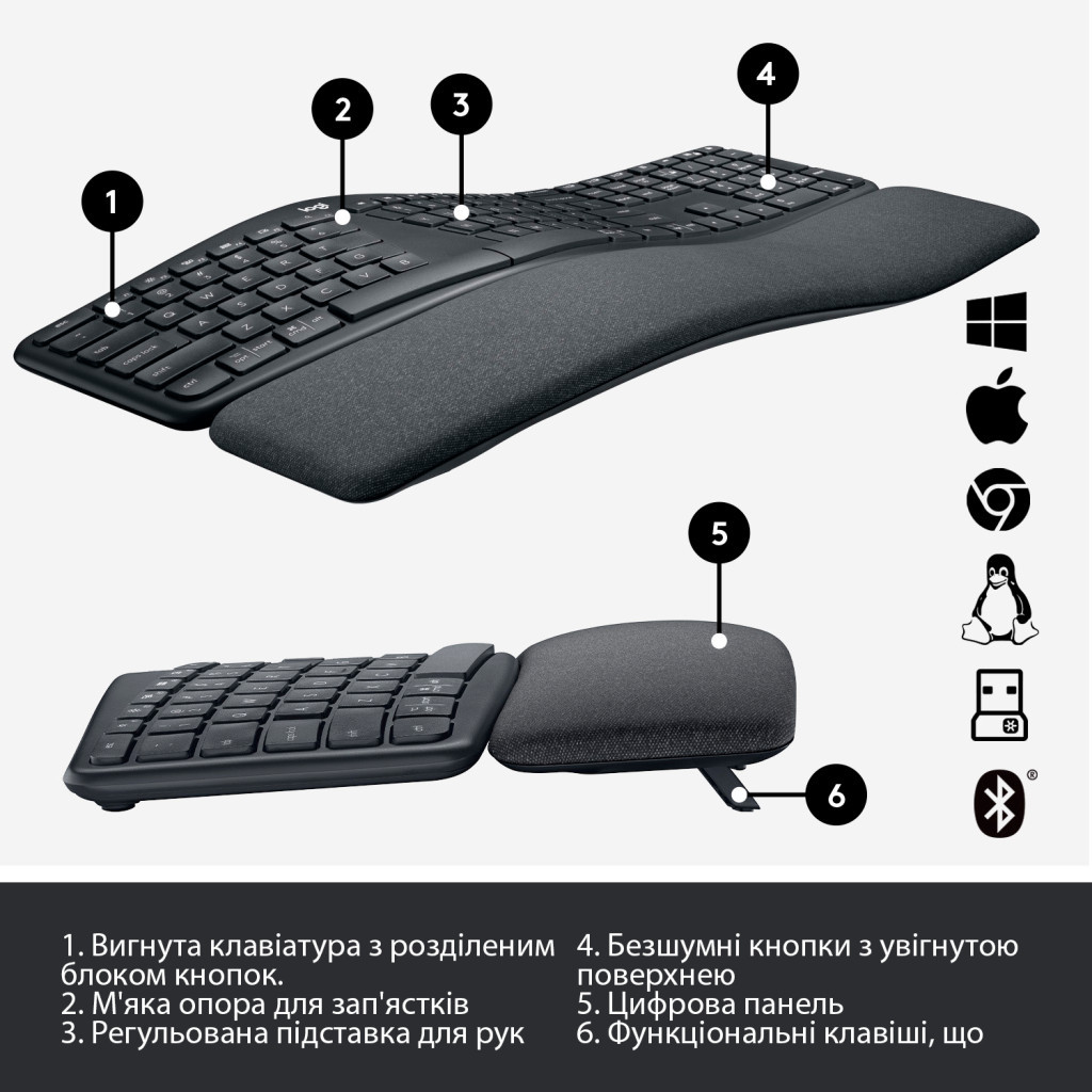 Клавіатура Logitech ERGO K860 Bluetooth/Wireless UA Black (920-010108) - зображення 6