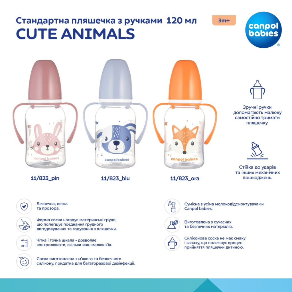 Пляшечка для годування Canpol babies CUTE ANIMALS стандартна з ручками 120 мл синя (11/823_blu) - зображення 4