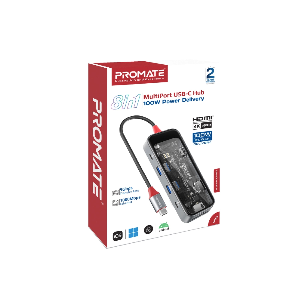 Концентратор Promate USB-C 8-in-1 USB-C PD100W + HDMI 4K60Hz + USBC + 2xUSB 3.0 + RJ45 1000Mbps + SD/MicroSD grey (transhub-mini) - зображення 9
