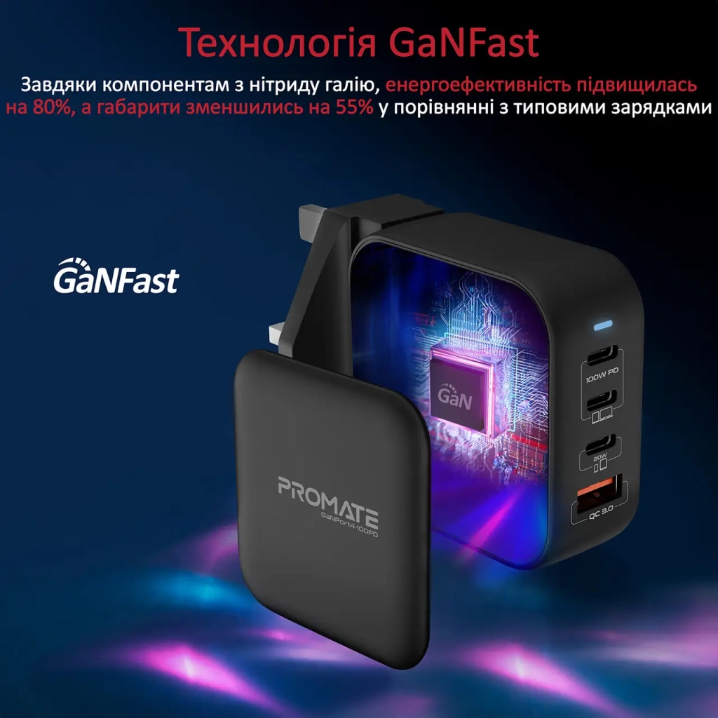 Зарядний пристрій Promate 100W 3xUSB-C + USB-A (ganport4-100pd.black) - зображення 4