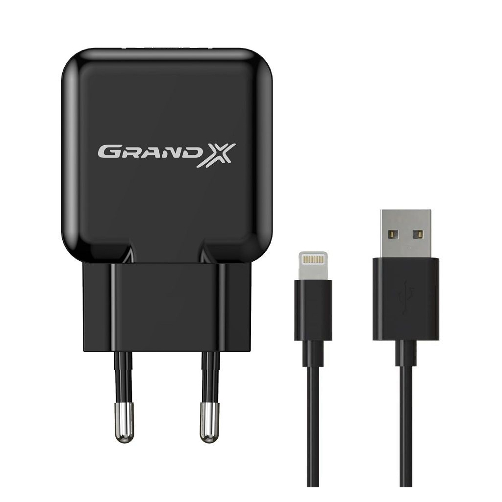 Зарядний пристрій Grand-X 1*USB, 2,1A, Black, + cable USB -> Lightning, Cu, 2.1А, 1m (CH03LTB) - зображення 1