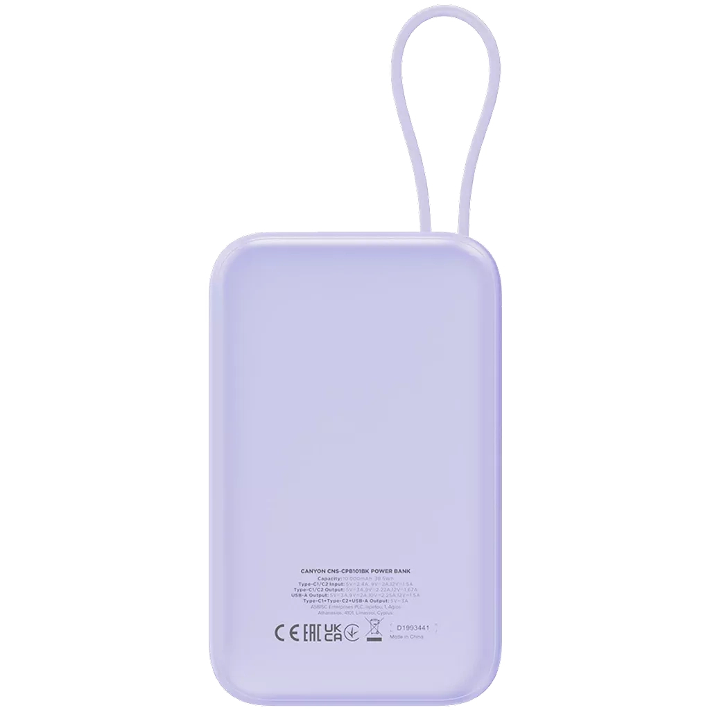 Батарея універсальна Canyon 10000mAh OnPower 101 PD/22.5W built-in cable Purple (CNS-CPB101PU) - зображення 4
