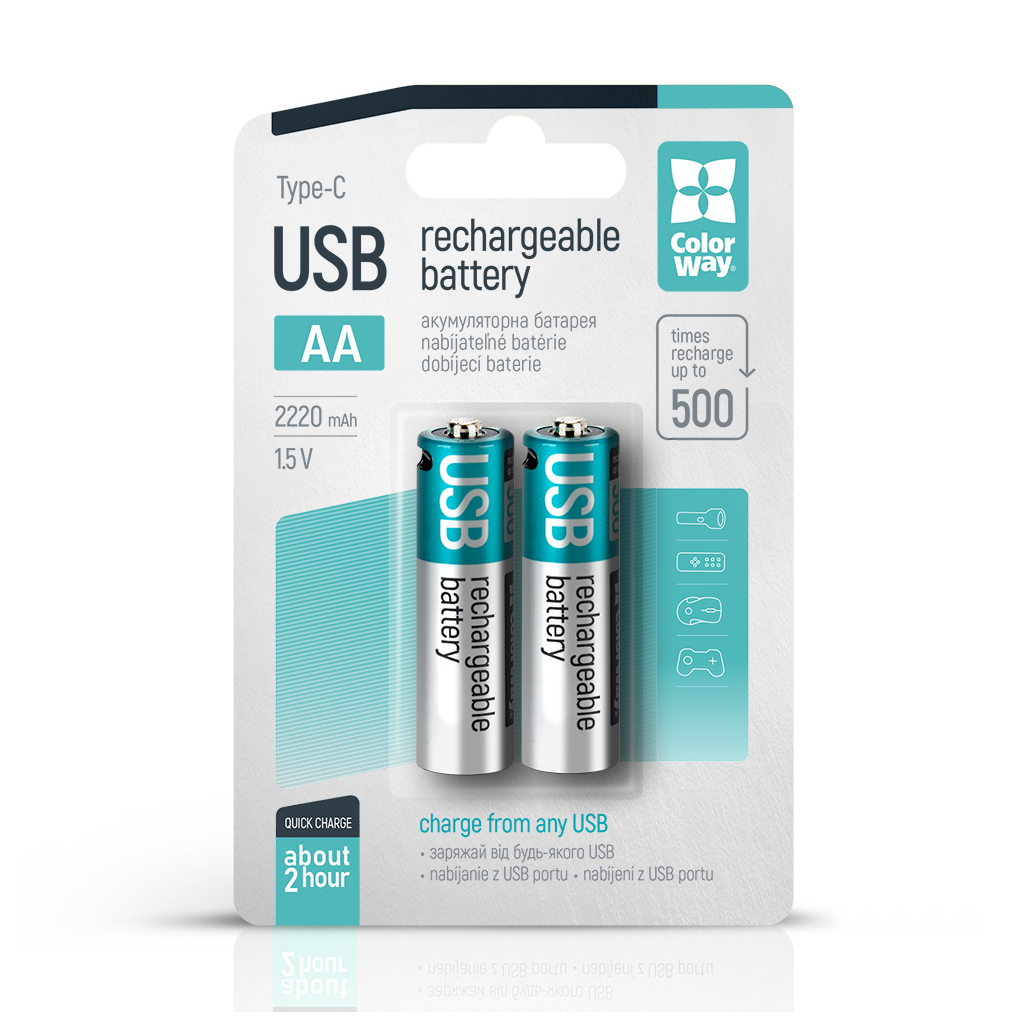 Акумулятор ColorWay AA USB-С 2220 mAh 1.5V (2шт) (Li-Polymer) (CW-UBAA-10) - зображення 1