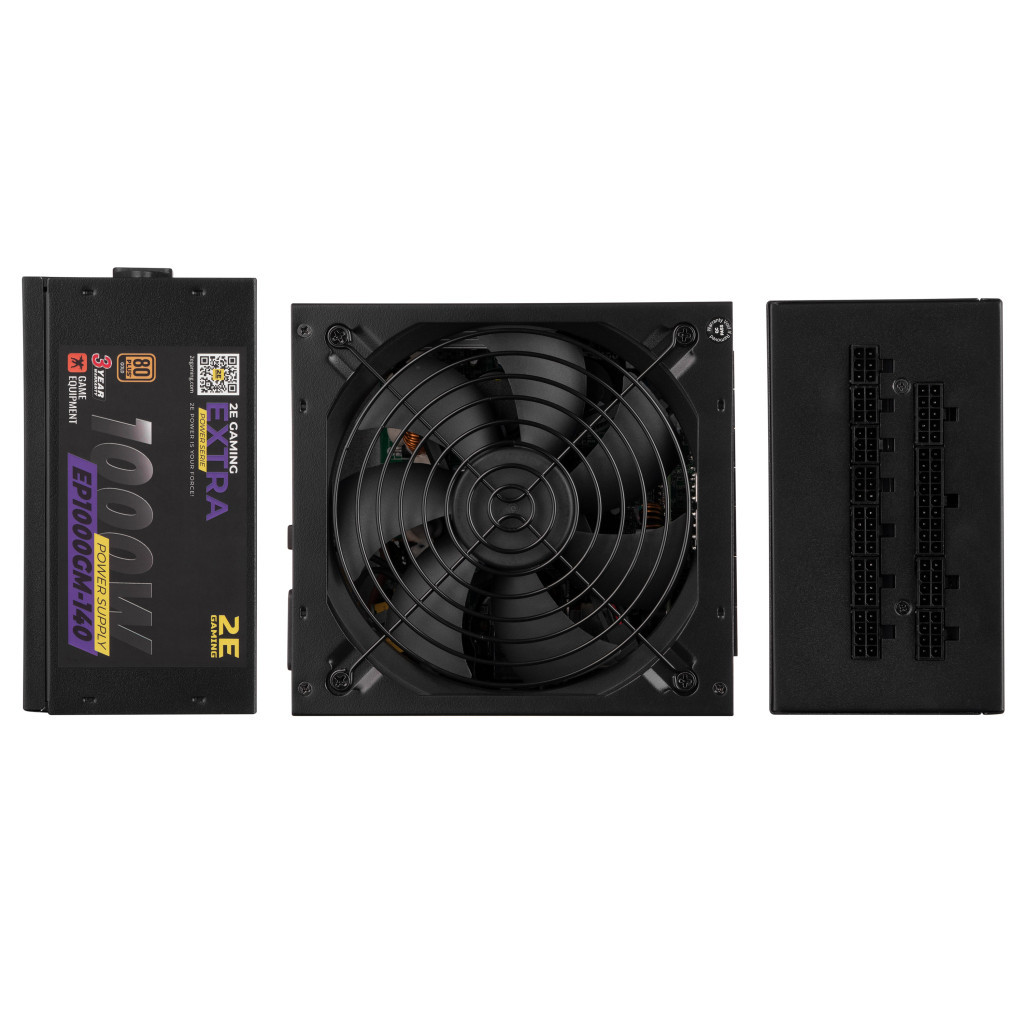 Блок живлення 2E GAMING EXTRA POWER (1000W), >90, 80+ Gold, 140mm, 1xMB 24pin(20+4), 2xCPU 8pin(4+4), 4xMolex, 6x (2E-EP1000GM-140) - зображення 2