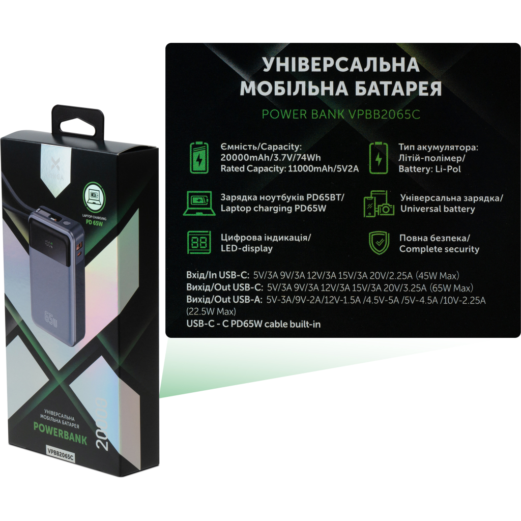 Батарея універсальна Vinga 20000 mAh 65W Display USB-C Cable Grey (VPBB2065C) - зображення 9