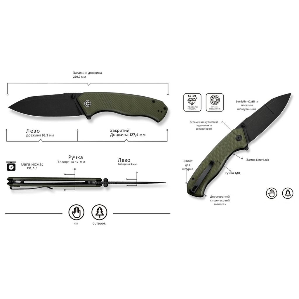 Ніж Civivi Placoid, Green G10, Darkwash (C23079-3) - зображення 10