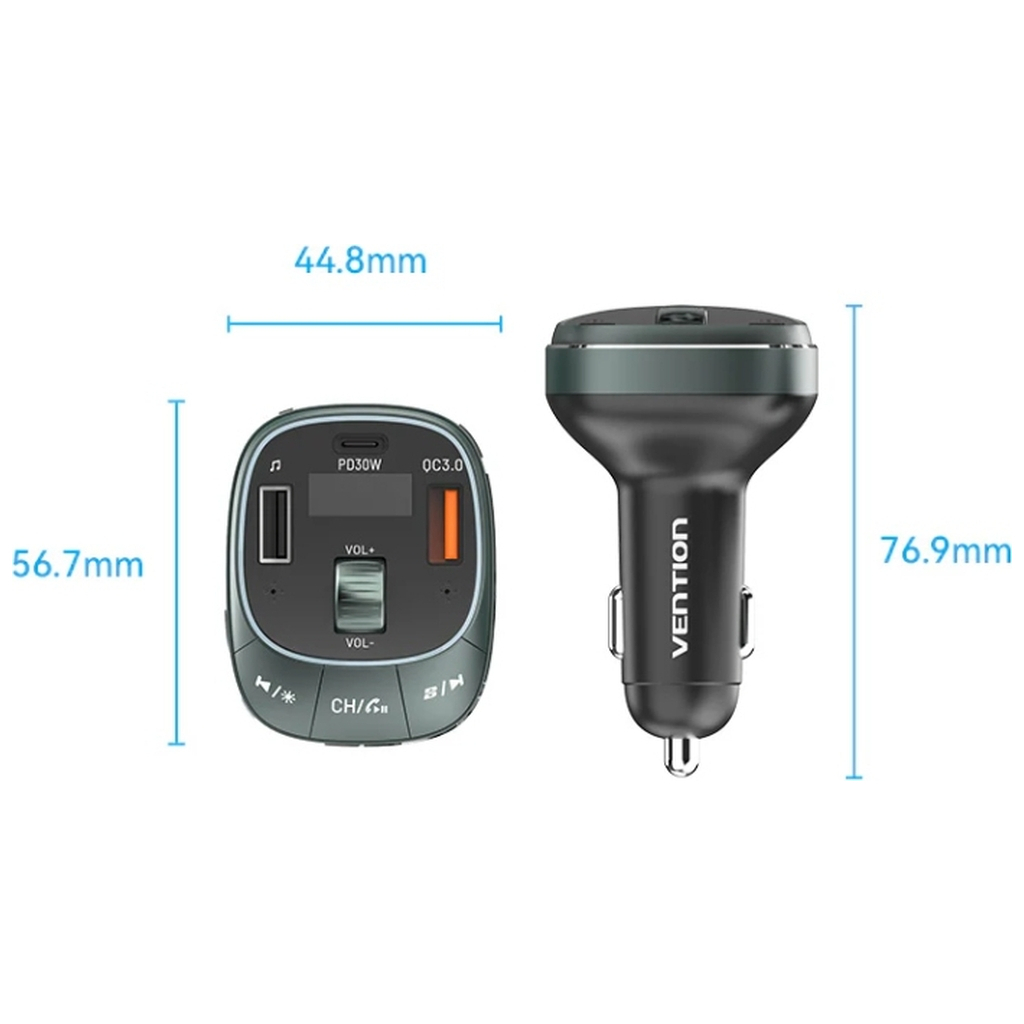 FM модулятор Vention PD 54W 3-Port USB (C+A+A) LED/USB Flash/Bluetooth, вольтметр (FFLB0) - зображення 5