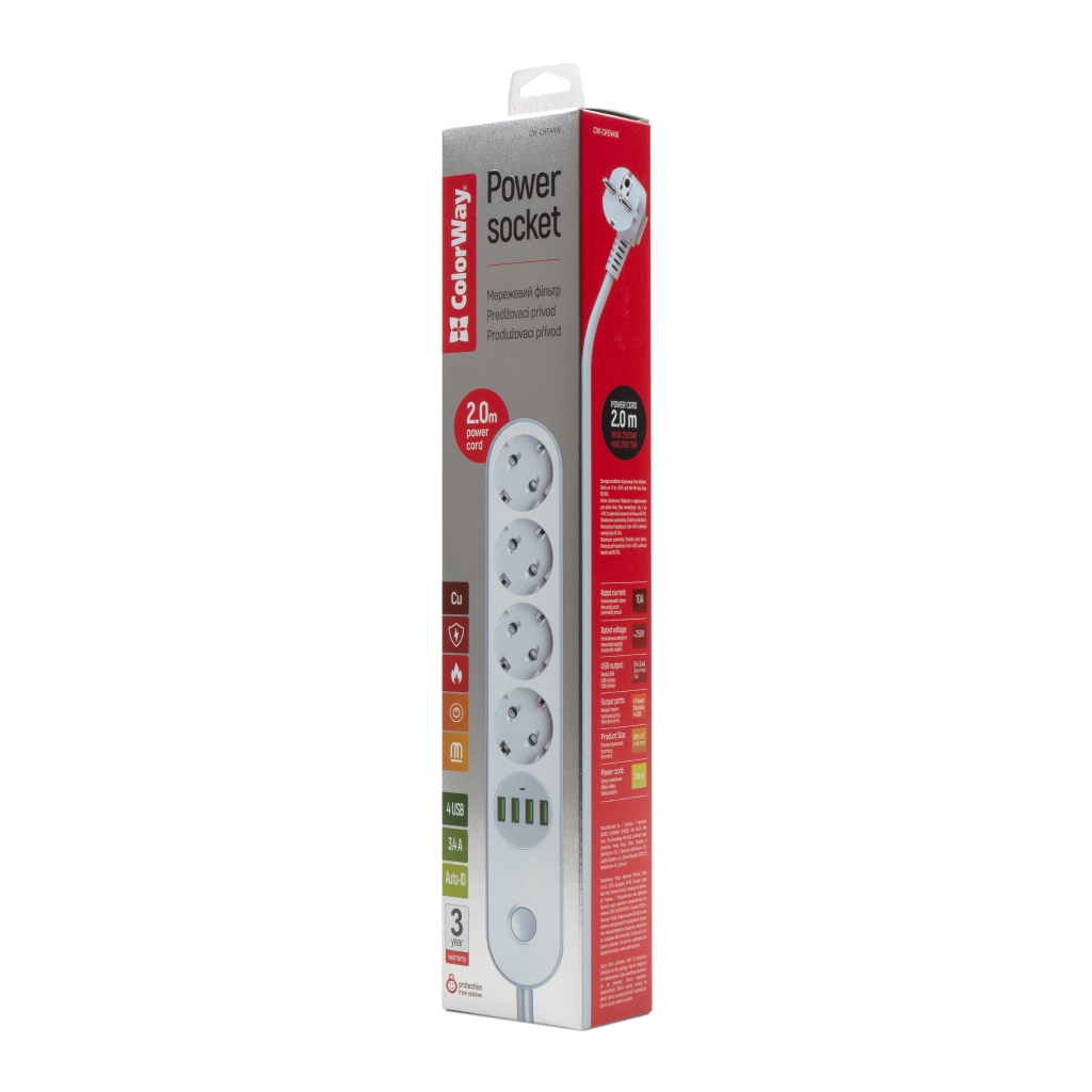 Мережевий фільтр живлення ColorWay CW-CHE44W, 4 розетки/4USB White 2M (CW-CHE44W) - зображення 7