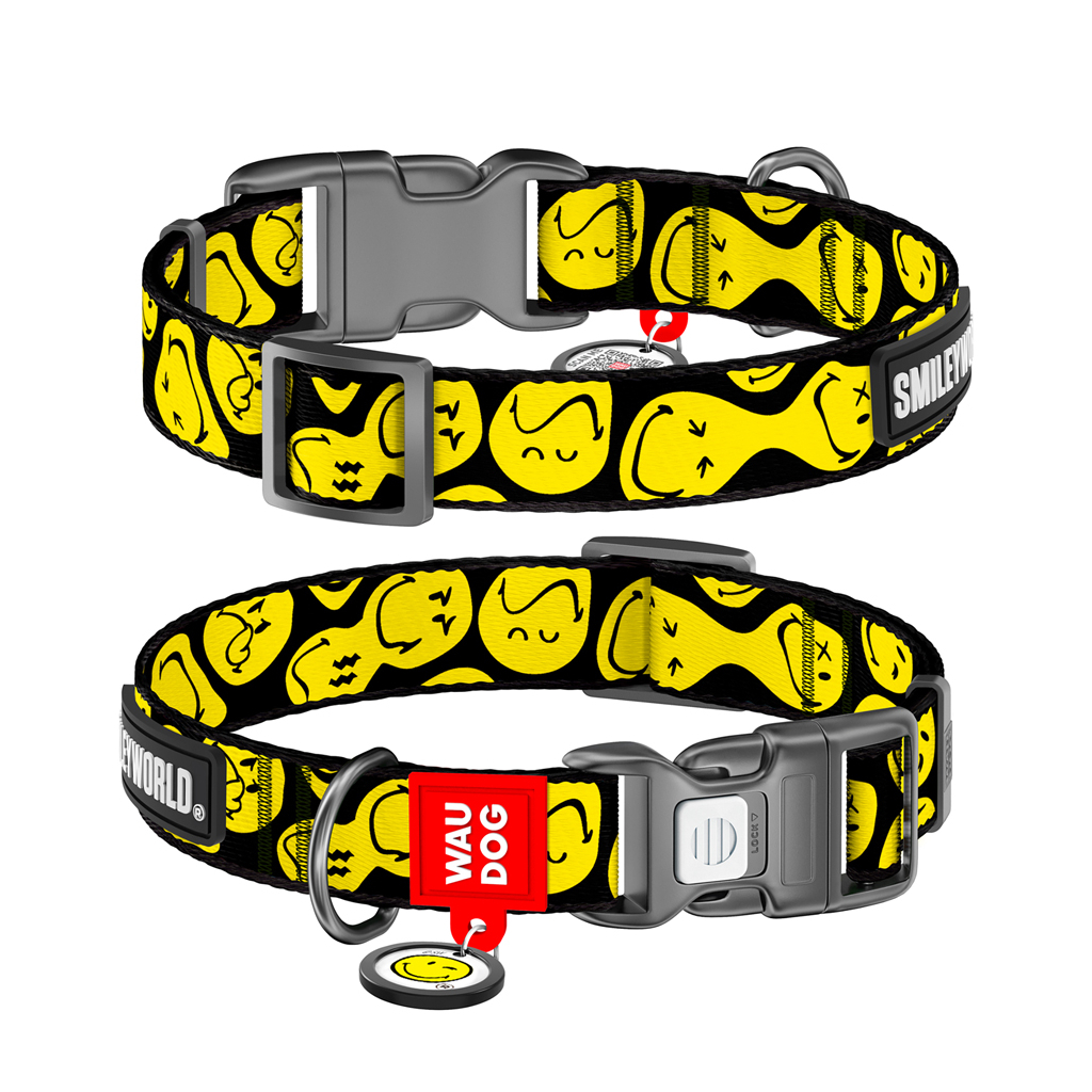 Нашийник для тварин WAUDOG Nylon з QR-паспортом "Смайли на чорному", пластиковий фастекс L (282-0181) - зображення 1