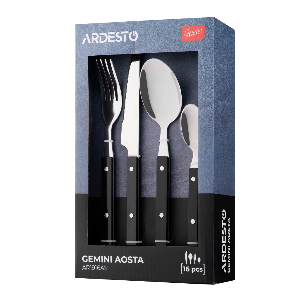 Набір столових приборів Ardesto Gemini Aosta, 16 приборів, нержавіюча сталь, пластик, чорний (AR1916AS) - изображение 6