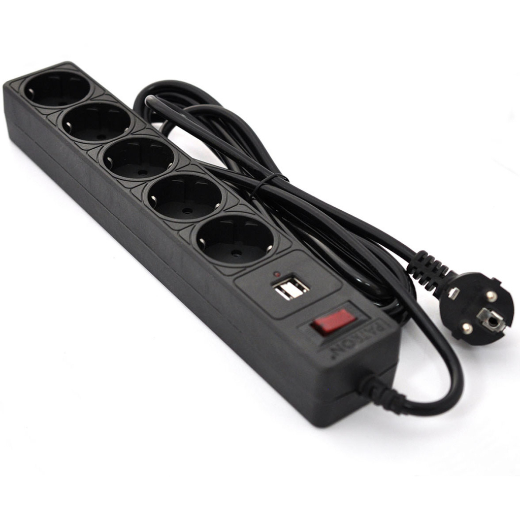 Мережевий фільтр живлення Patron 3m (SP-53) + 2 USB 2.0, 2.1A , 5 роз. BLACK (EXT-PN-SP-53-USB) - зображення 1