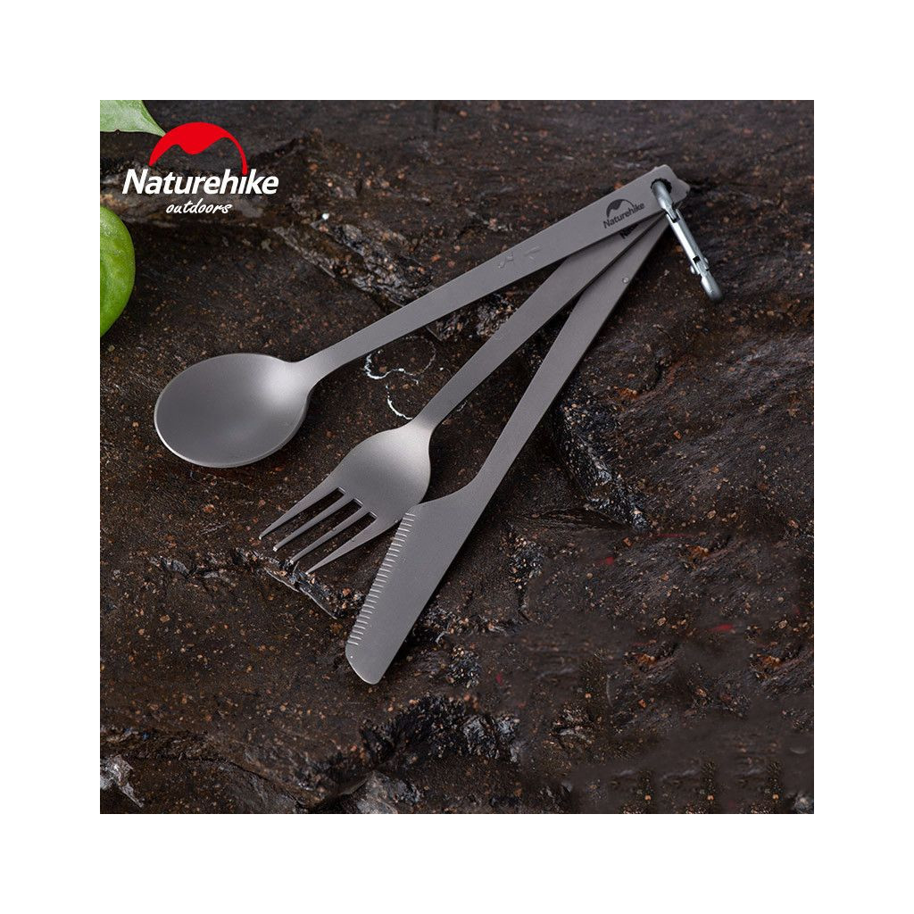 Набір туристичного посуду Naturehike ложка, виделка, ніж з титану NH19T011-D сірий з мішечком (6927595736739) - зображення 3