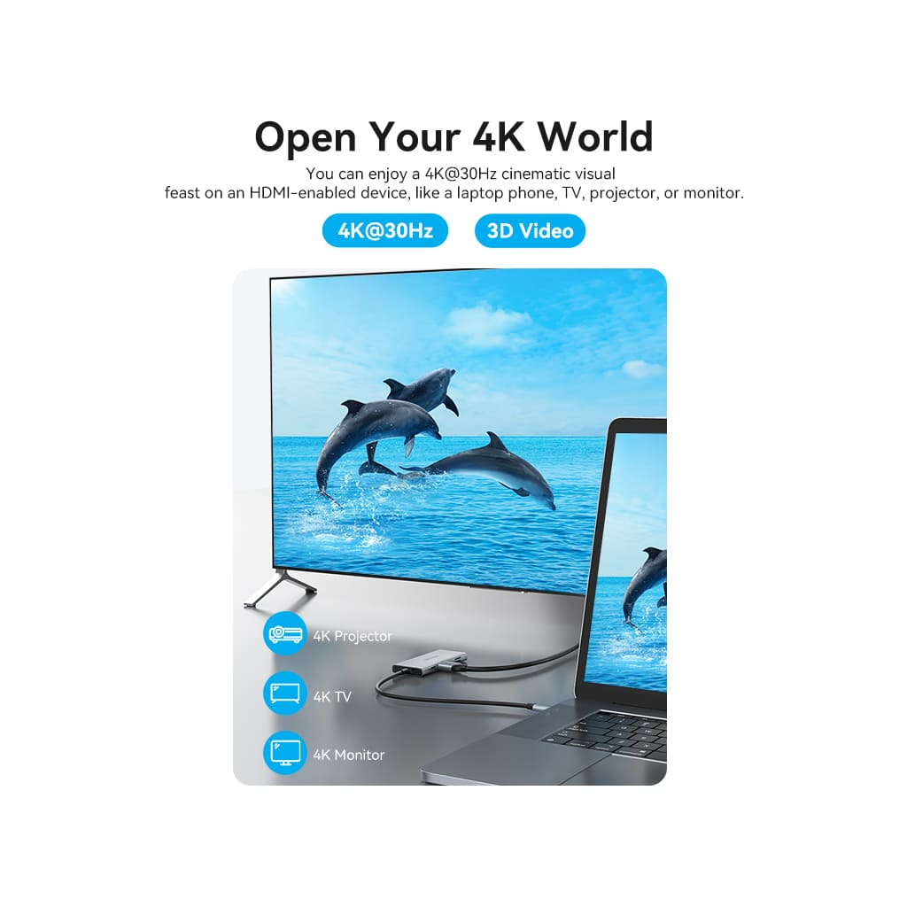 Концентратор Vention USB 3.1 Type-C to HDMI/USB 3.0x3/SD/TF/PD 100W 7-in-1 (TOPHB) - изображение 6