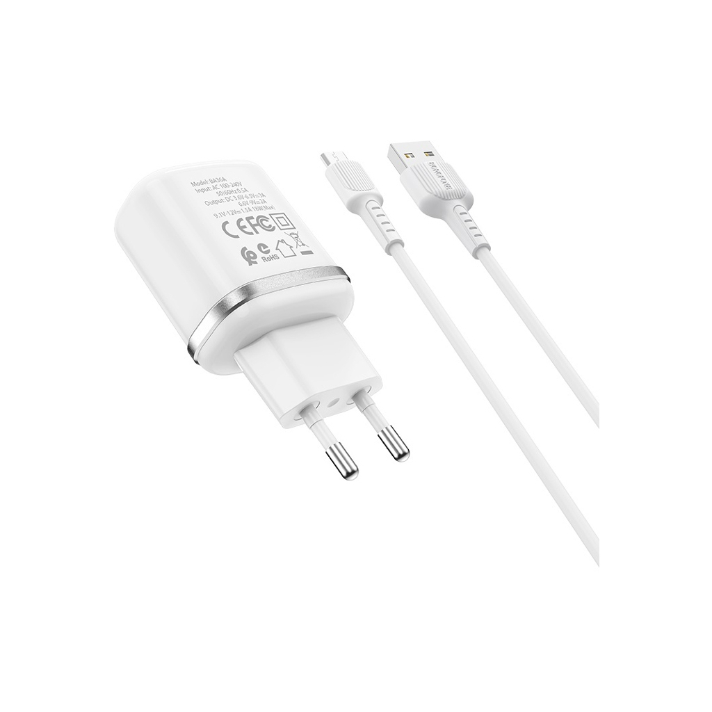 Зарядний пристрій BOROFONE BA36A High speed single port QC3.0 charger set(Micro) White (BA36AMW) - зображення 3