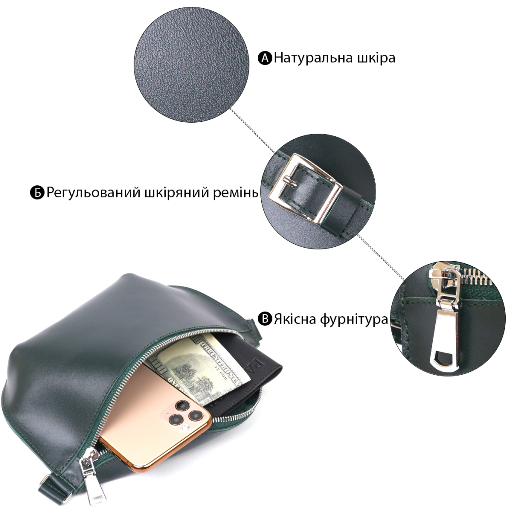 Сумка Shvigel Шкіряна на пояс Зелена (16390) - зображення 4