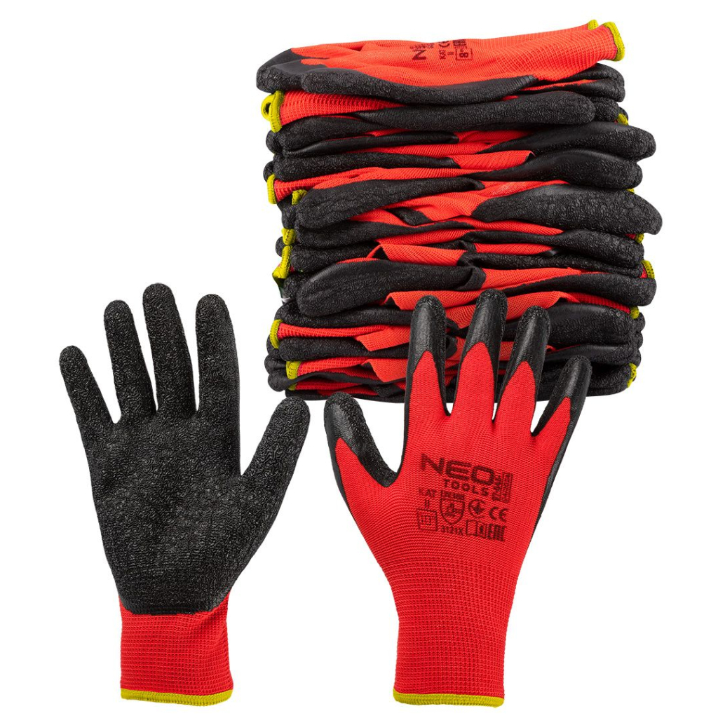 Захисні рукавиці Neo Tools комплект 12шт, поліестер з латексним покриттям, р.10, червоно-чорний (97-645-10) - изображение 7