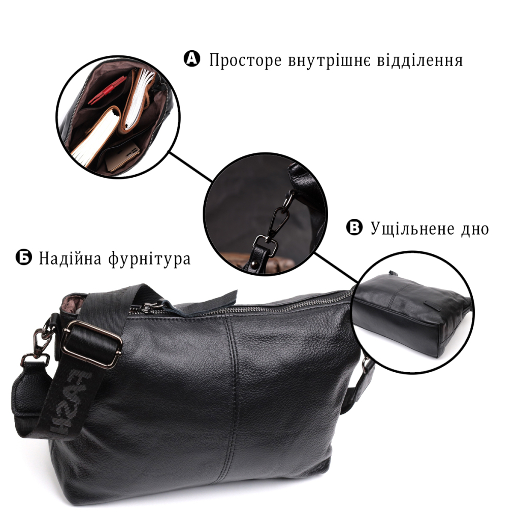 Сумка Vintage Шкіряна жіноча з двома знімними ременями Чорна (22379) - зображення 4