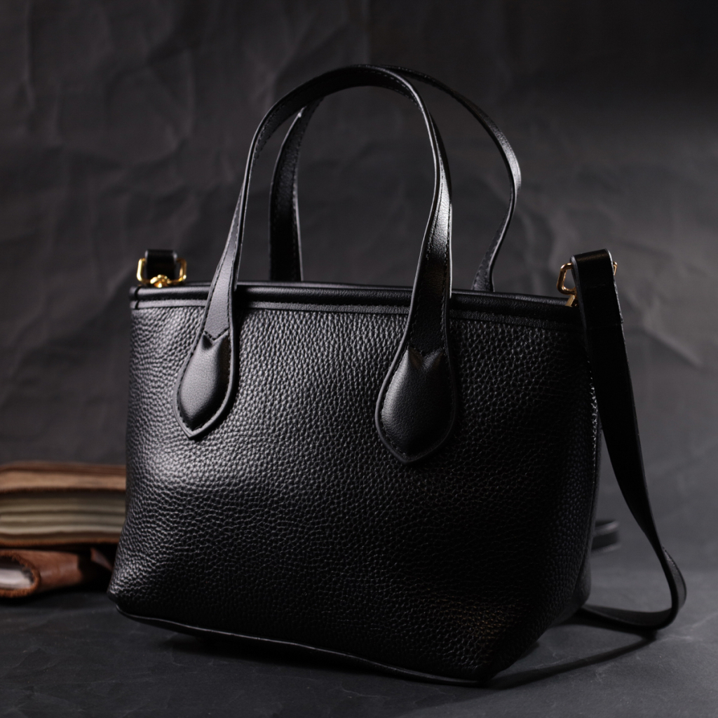 Сумка Vintage Містка з двома ручками з натуральної шкіри Чорна (22286) - зображення 8