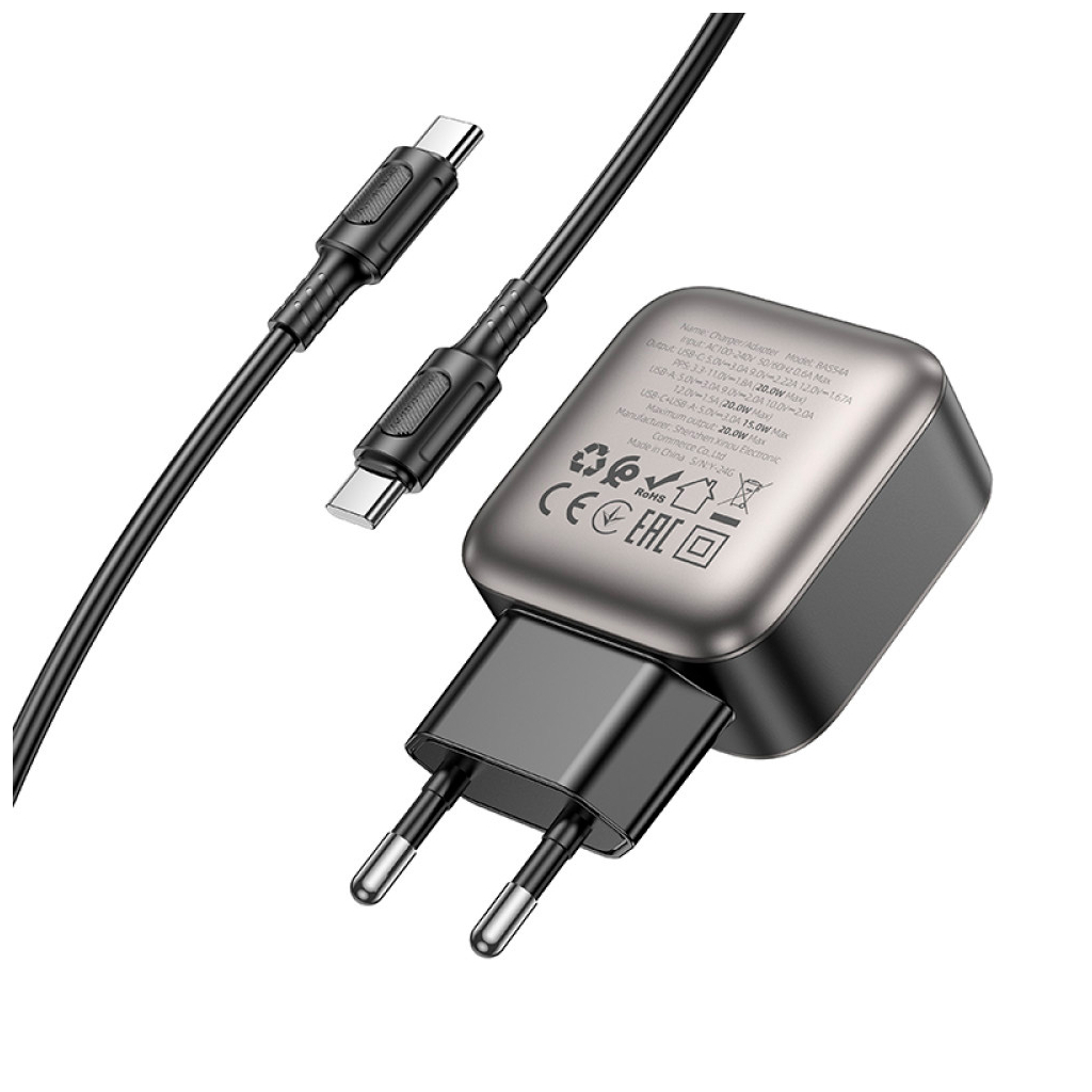 Зарядний пристрій BOROFONE BAS54A Absolute 1xUSB-C PD20W + 1xUSB QC3.0 + cable USB-C to USB-C Black (6941991116223) - зображення 6