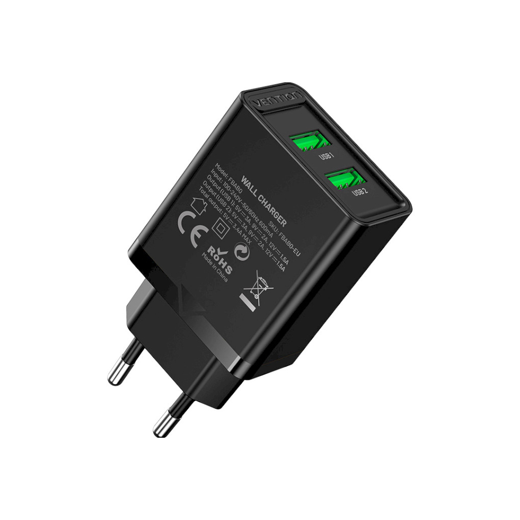 Зарядний пристрій Vention 2xUSB 36W (2xUSB-A) QC3.0 black (FBAB0-EU) - зображення 2