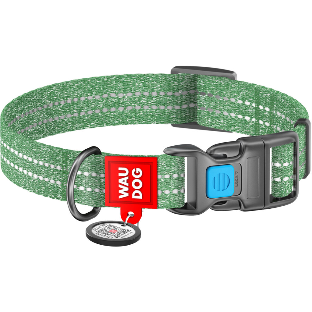 Нашийник для тварин WAUDOG Re-cotton з QR паспортом світловідбивний Ш 20 мм Д 28-40 см зелений (028818) - зображення 1