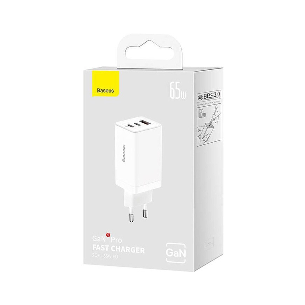 Зарядний пристрій Baseus 2xUSB-C 65W + 1xUSB GaN + cable USB-C to USB-C 100W 1.0m white (CCGP120202) - зображення 6