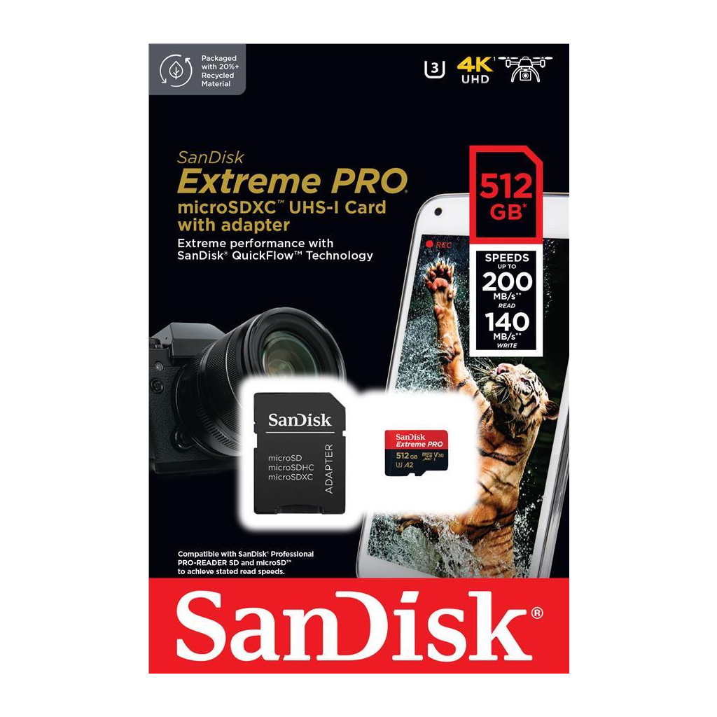 Карта пам'яті SanDisk 512 GB microSDXC UHS-I U3 Extreme Pro+SD Adapter (SDSQXCD-512G-GN6MA) - зображення 4