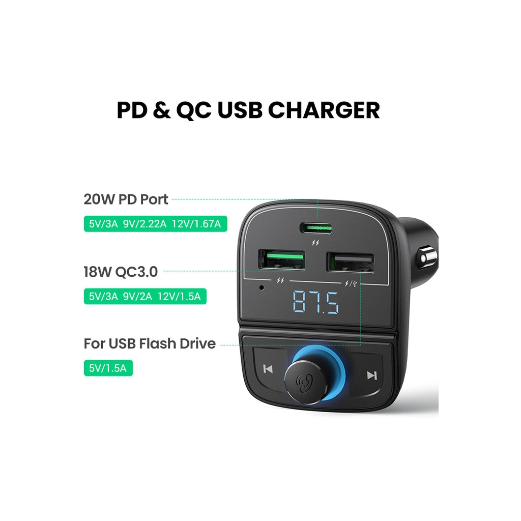 FM модулятор Ugreen CD229 Bluetooth Car Charger (5.0+PD+QC3.0+USB Flash Drive+TF (CD229) - зображення 3