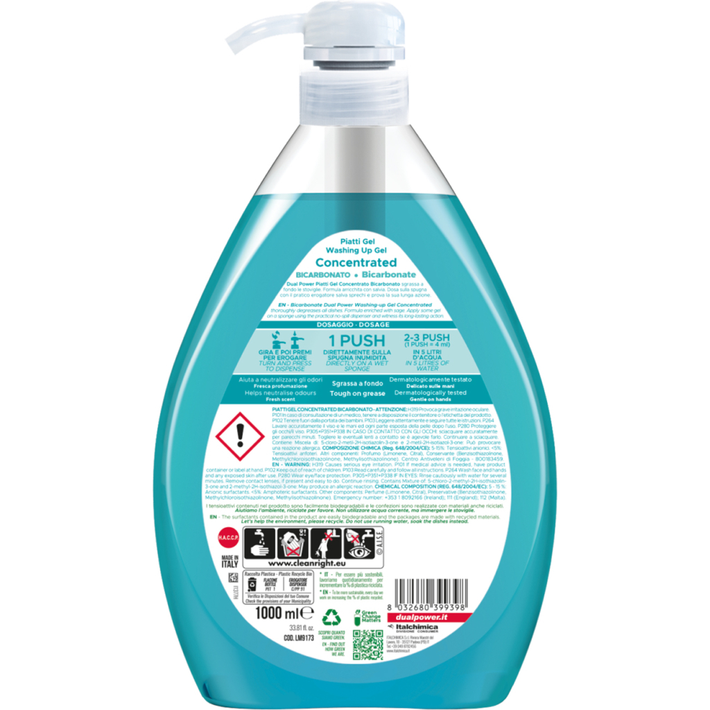 Засіб для ручного миття посуду Dual Power концентрований Сода та шавлія 1 л (8032680399398) - зображення 2