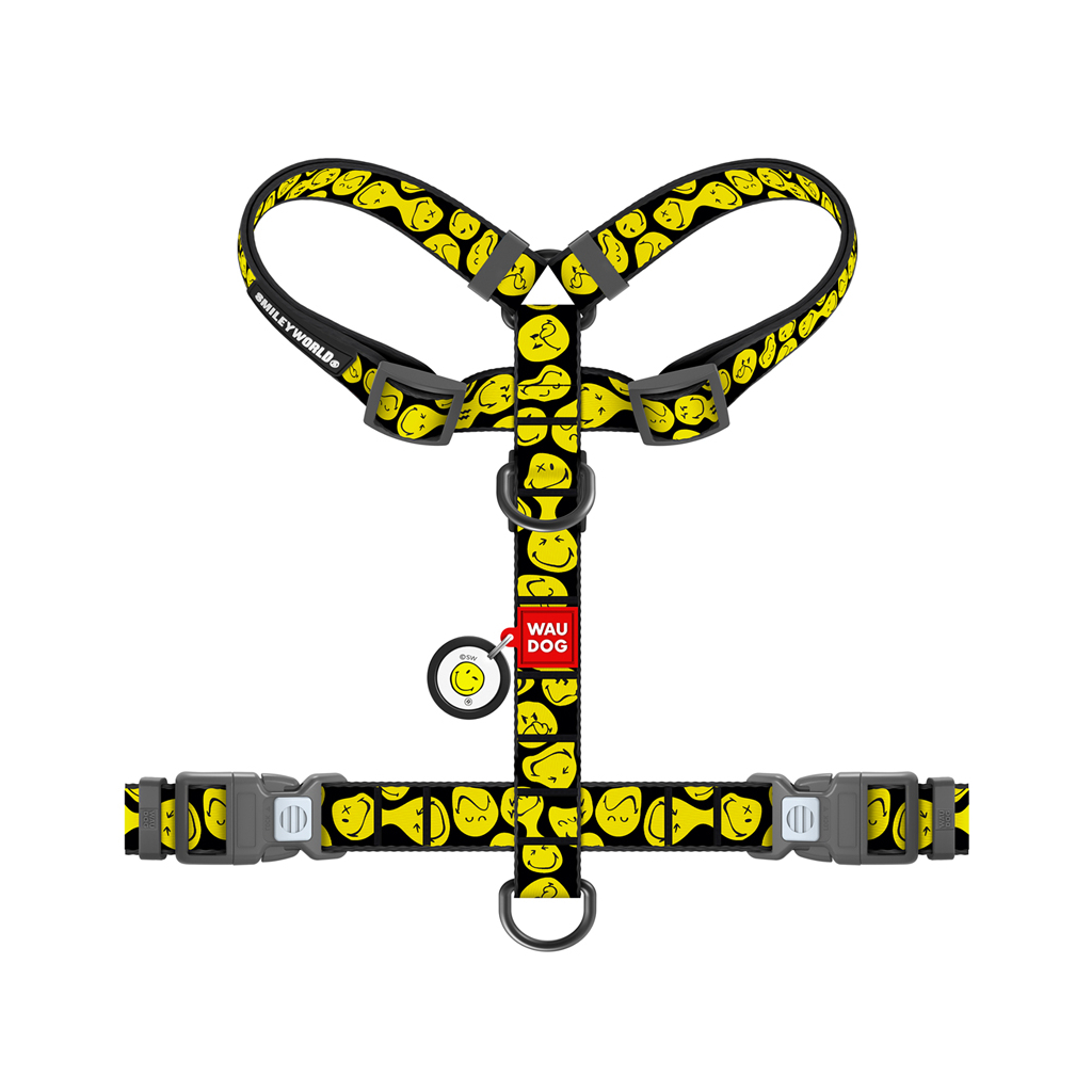 Шлея для собак WAUDOG Nylon анатомічна H-подібна з QR-паспортом "Смайли на чорному" пластиковий фастекс, M (344-0181) - зображення 2
