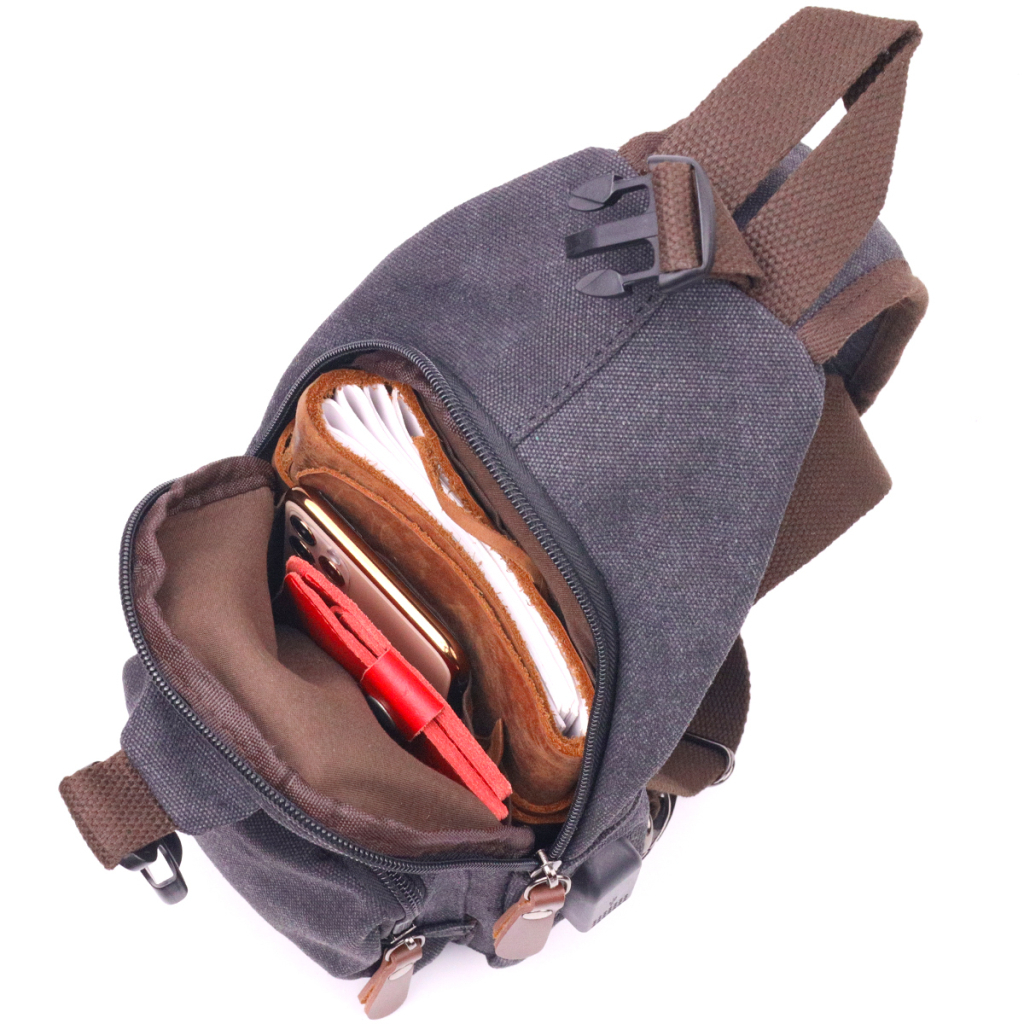 Сумка Vintage Через плече з кабелем USB текстильна Чорна (21221) - зображення 5