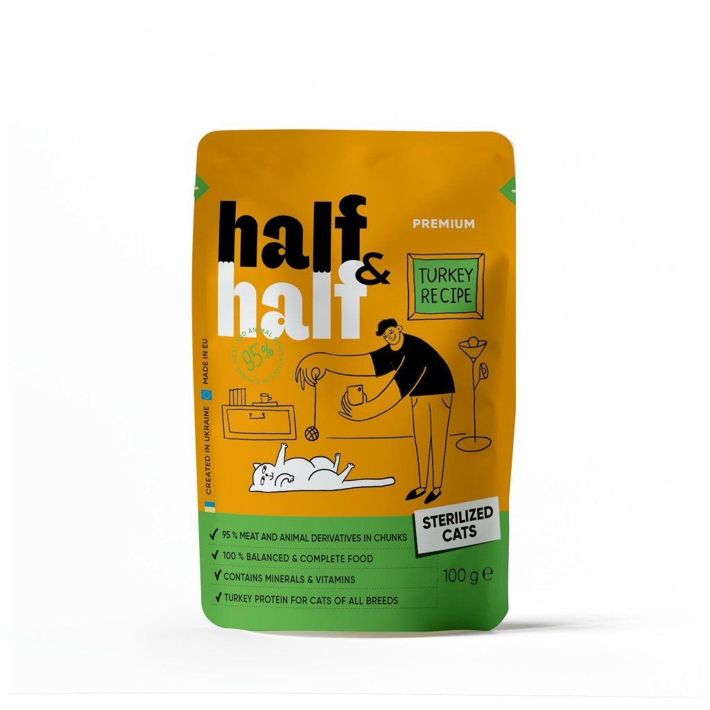Вологий корм для кішок Half&Half для стерилізованих шматочки з індичкою в желе 100 г (4820261920895) - зображення 1