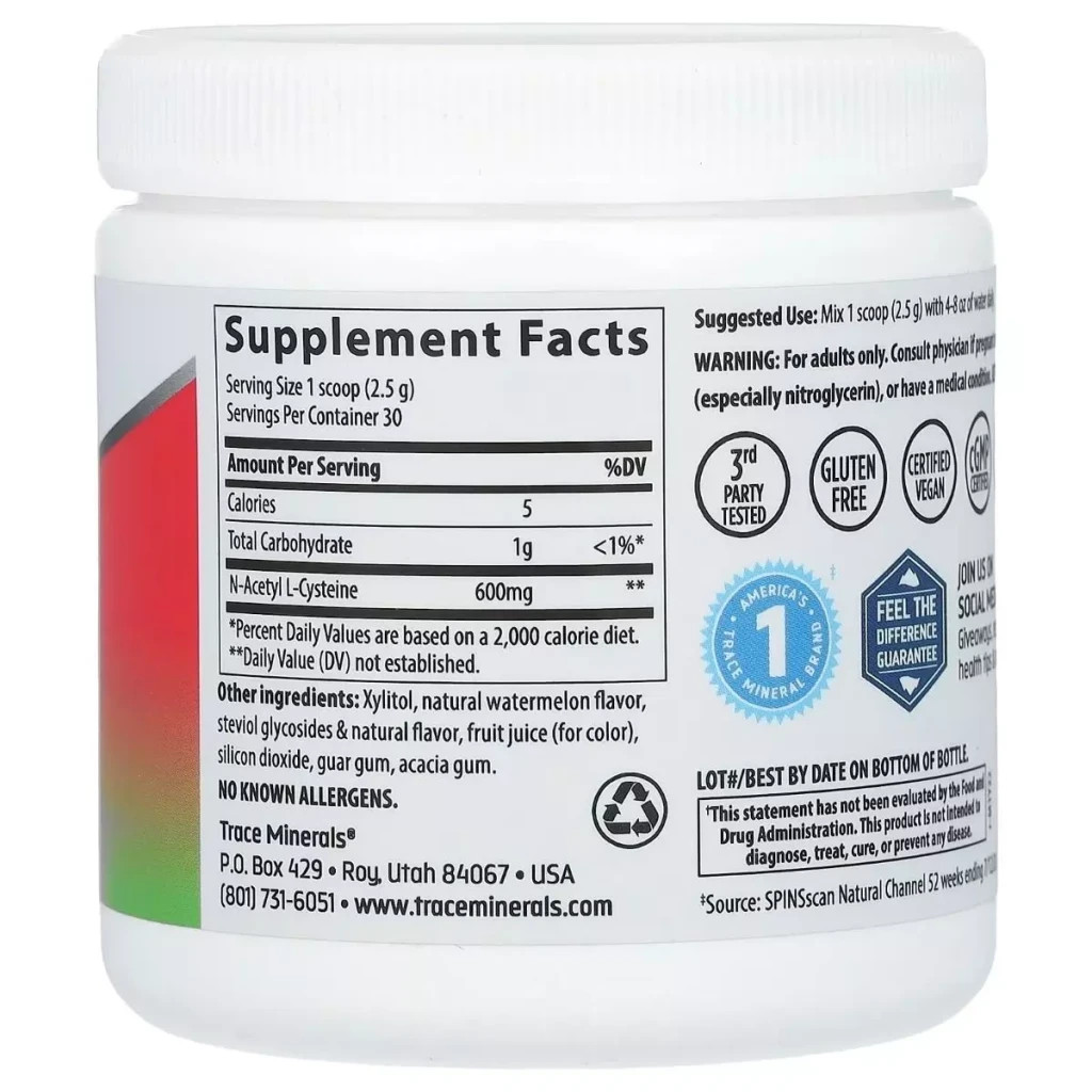 Амінокислота Trace Minerals NAC N-ацетил L-цистеїн, 600 мг, смак кавуна, NAC Powder, 75 гр (TMR-00670) - изображение 2