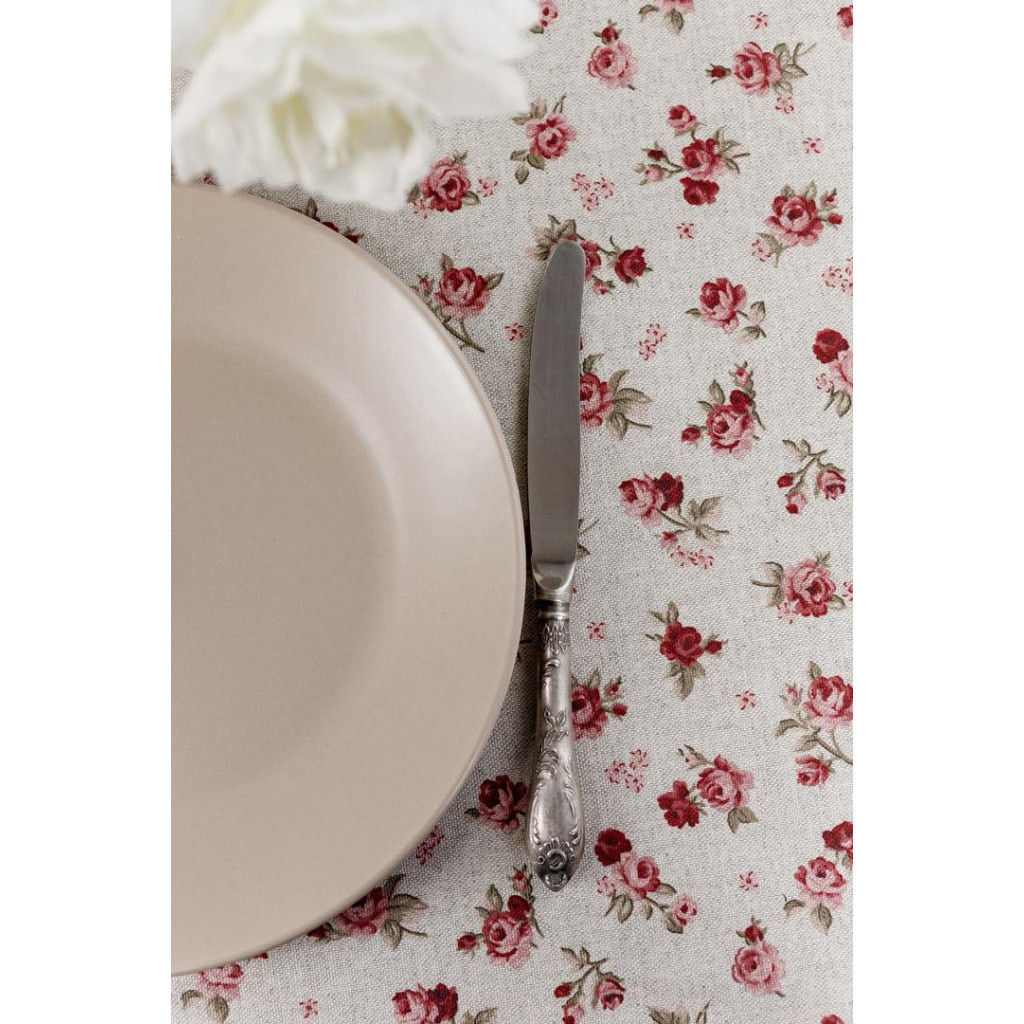 Скатертина Прованс непромокаюча Simfoni Червоні трояндочки на натюрель D-136 см (033609) - зображення 3