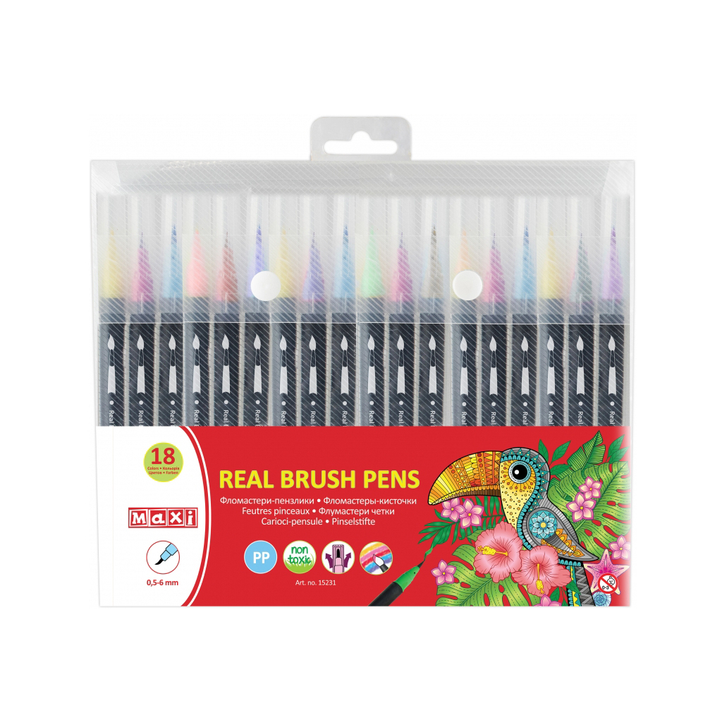 Фломастери Maxi пензлики REAL BRUSH, 18 кольорів, лінія 0,5-6 мм (MX15231) - изображение 1