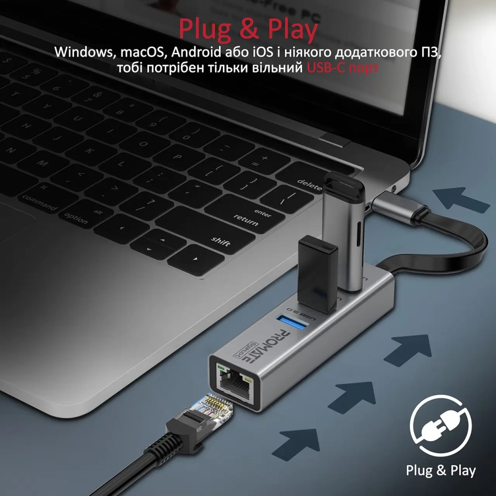 Концентратор Promate USB Hub 4 ports gigahub-c.grey (gigahub-c.grey) - зображення 5