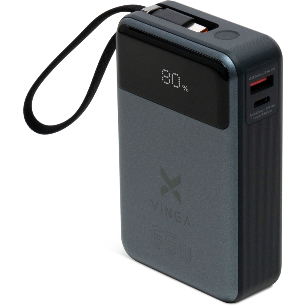 Батарея універсальна Vinga 20000 mAh 65W Display USB-C Cable Grey (VPBB2065C) - зображення 1