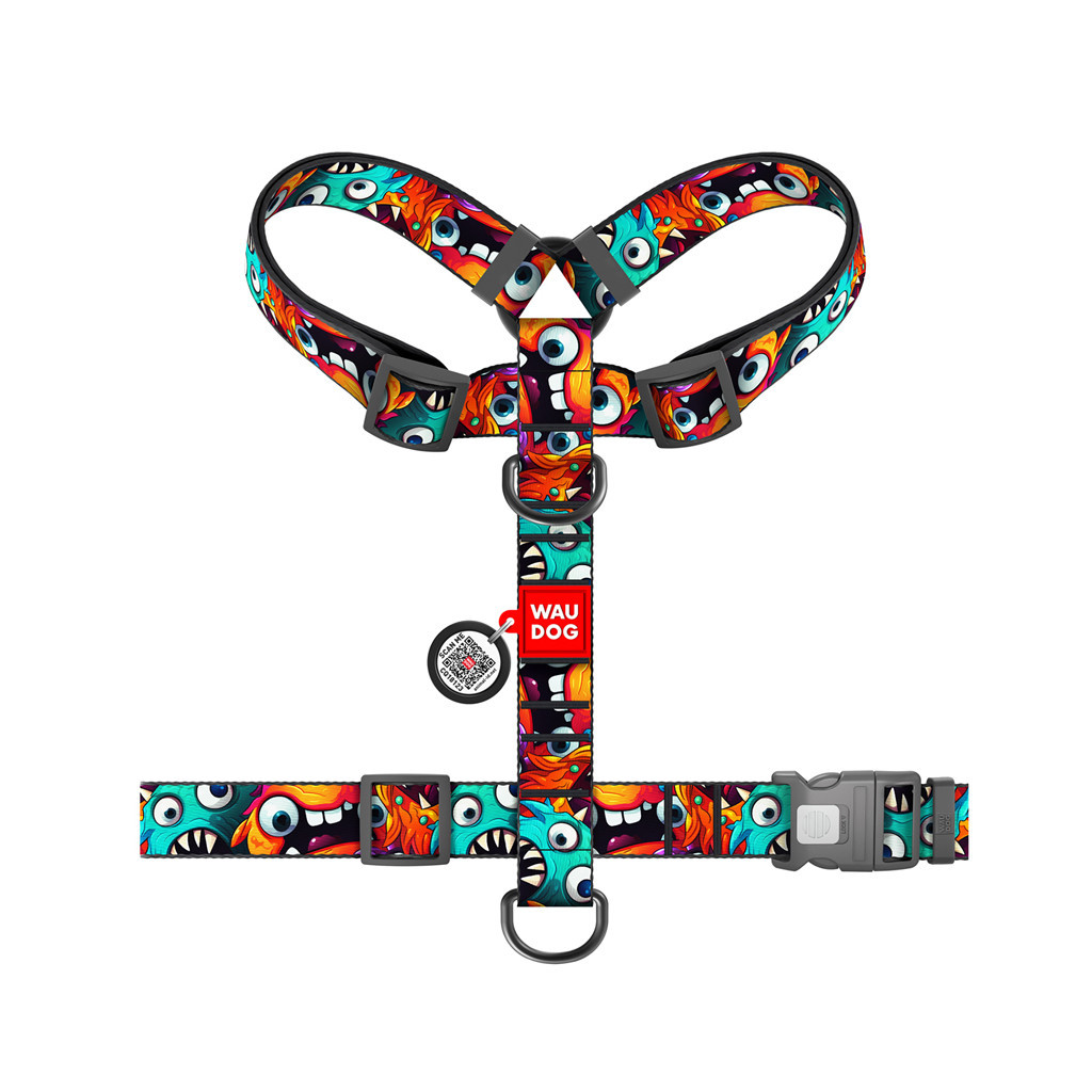 Шлея для собак WAUDOG Nylon з QR-паспортом анатомічна H-подібна "Зубасті монстри" пластиковий фастекс XL (323-4048) - зображення 2