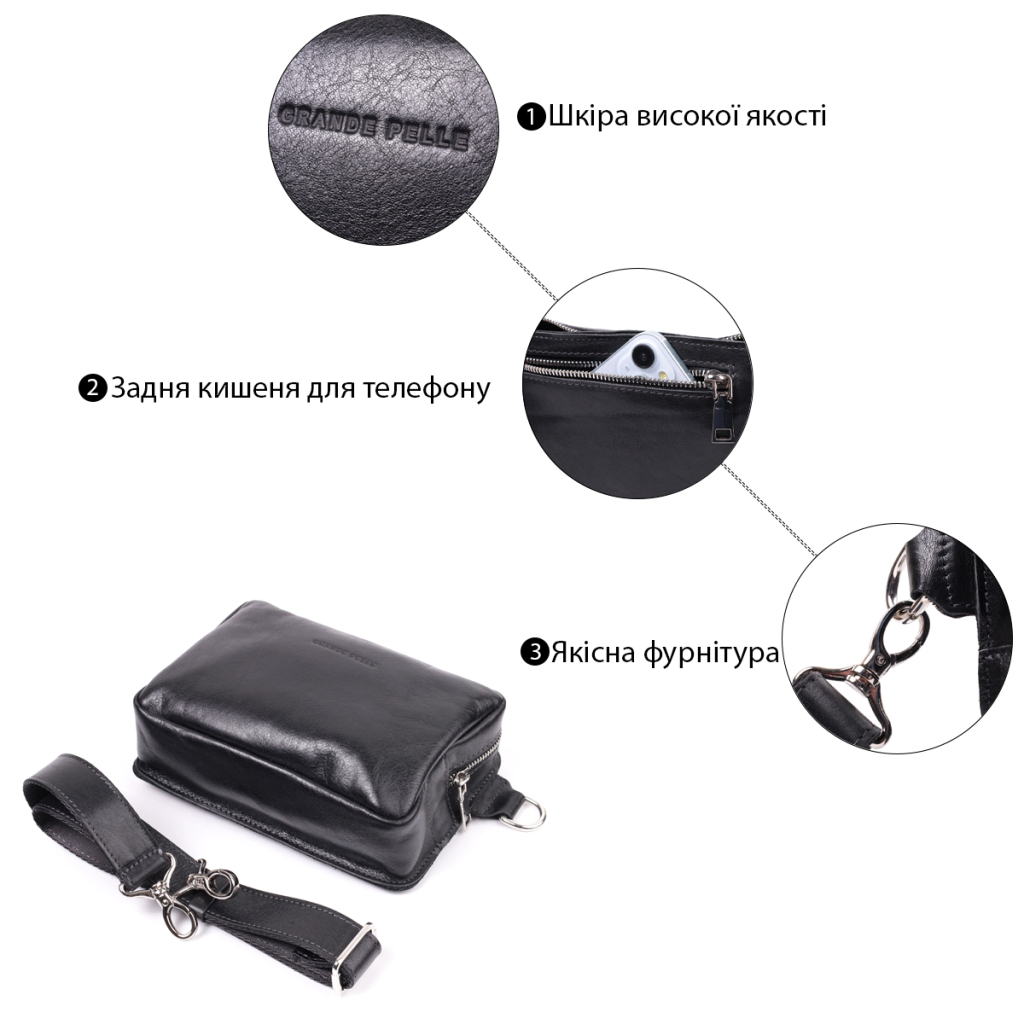 Сумка Grande Pelle Бананка з натуральної шкіри Чорна (22576) - зображення 3
