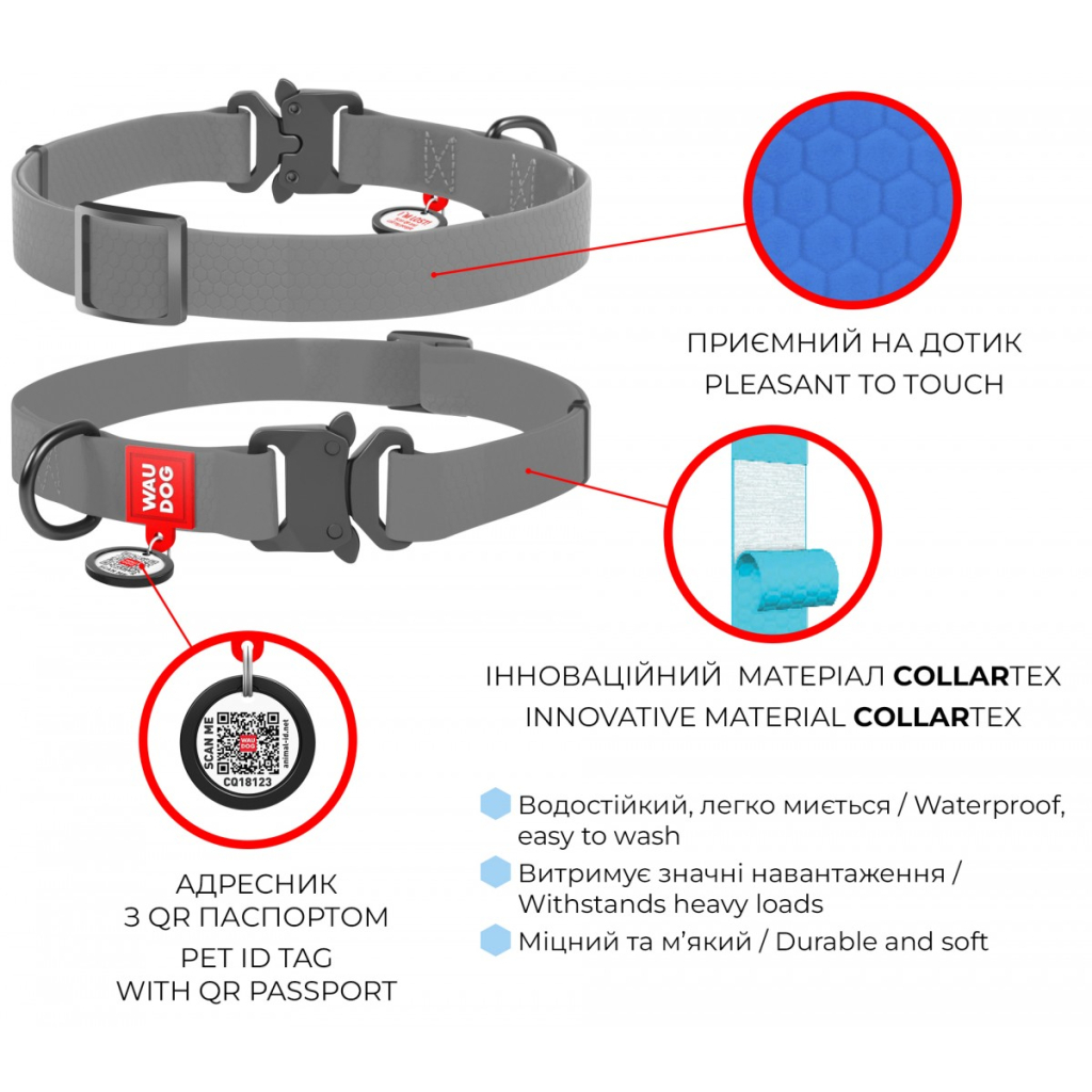 Нашийник для тварин WAUDOG Waterproof з QR паспортом XL Ш 25 мм Д 35-58 см(блакитний) (27842) - изображение 8