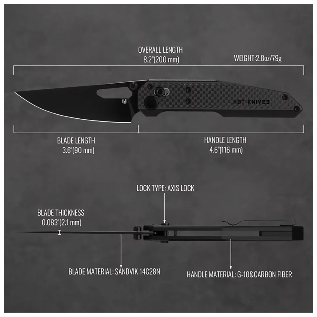 Ніж Hightron Sharplyn, 14C28N, G10 + CF, чорний, чорний клинок (HK01BLK) - зображення 10